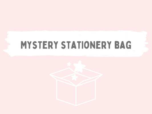 a pink background with a white banner and black text saying 'Mystery Stationery Bag' there is a white box below the banner with white stars coming out of