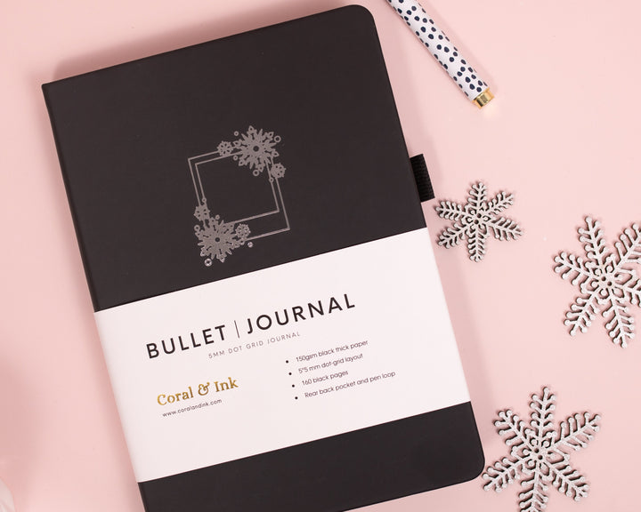 Snowflake Polaroid A5 Black Page Dot Grid Journal