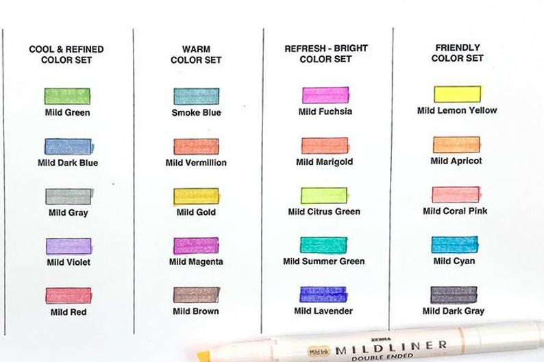 shows swatches of all 20 colours of the zebra mildliners from the cool colour set, the warm color set, the refresh colour set and the friendly colour set