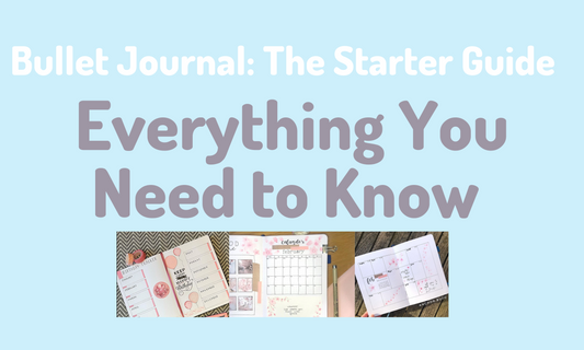 Blue background with the text ‘Bullet Journal Starter Guide : Everything You Need to Know’ below are 3 pictures of bujo spreads
