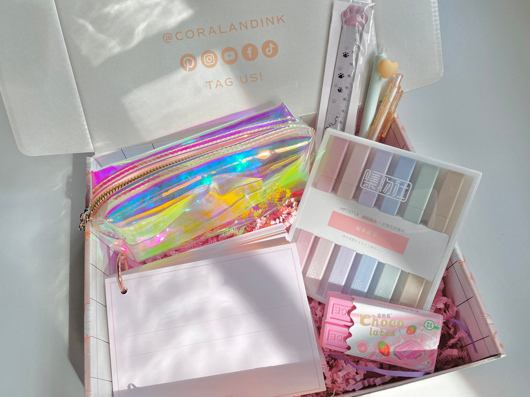 Kawaii stationery gift box for students containing a clear pencil case, revision cards, rulers, pens, highlighters and eraser