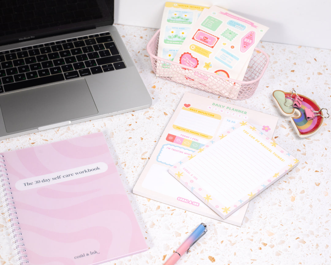 Positive affirmation stickers, 30 days of self care planner, daily planning notepads and more cute stationery for journaling