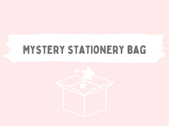 a pink background with a white banner and black text saying 'Mystery Stationery Bag' there is a white box below the banner with white stars coming out of