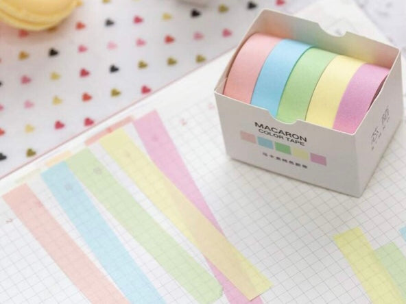 the breeze washi tape 5 pack next to samples of the 5 washi tapes on squared paper