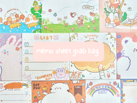 background showing the different designs of memo sheets available in the memo sheet grab bag. A pink rectangle with the white text saying 'memo sheet grab bag' is in the foreground 