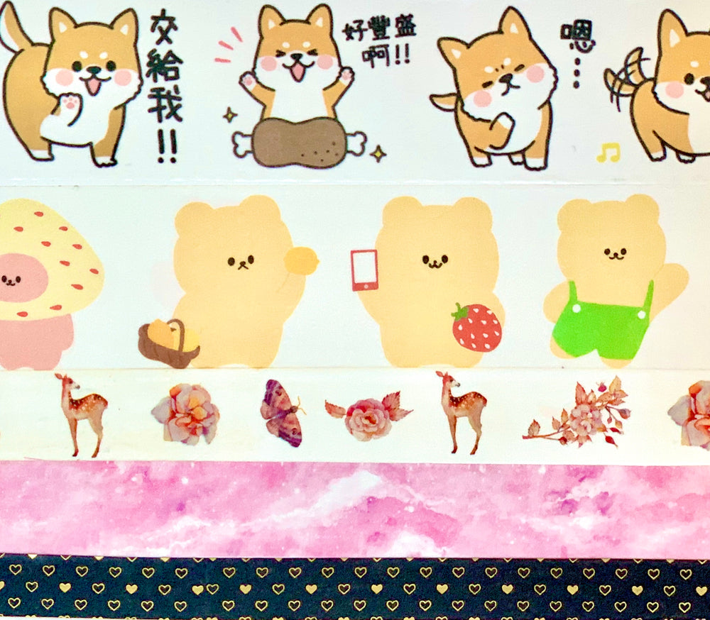 5 of Coral & Ink’s washi tapes you could receive in the mystery set. A dog washi, bear washi, woodland animal washi, pink galaxy washi and black heart washi