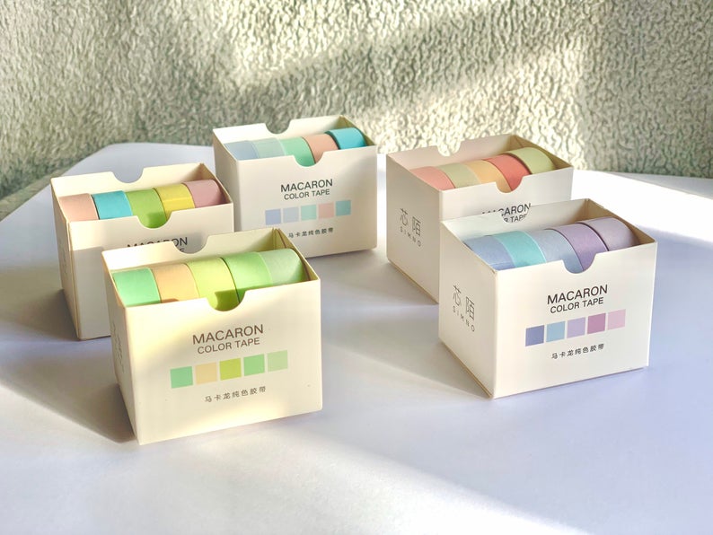 the 5 different styles of Coral and Ink's washi tape 5 pack. Hydrangea, sunset, drizzle, breeze and bud green