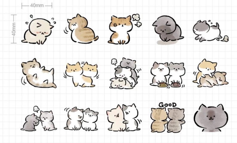 15 different styles of cat stickers are shown on a grid background. The dimensions of one is shown as 40mm by 40mm