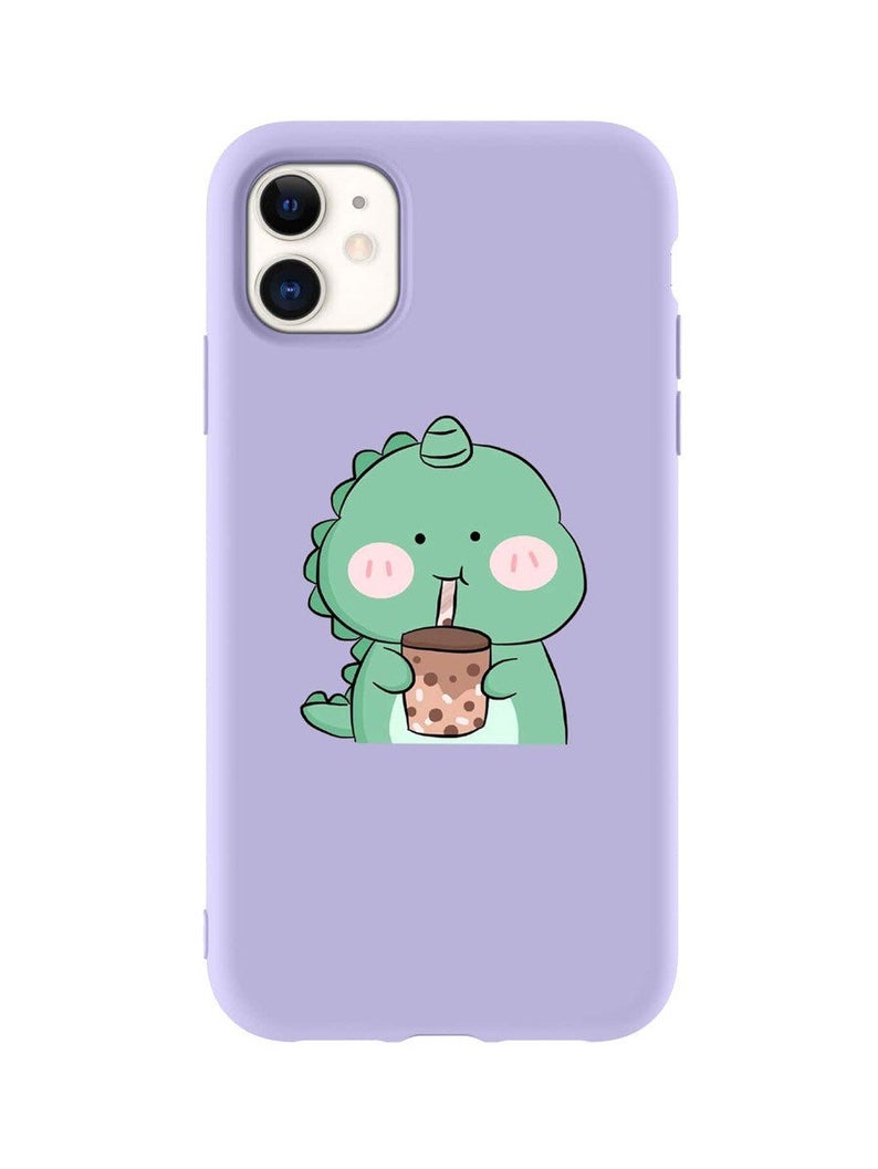 Front view of a purple dinosaur phone case. The dinosaur is holding a cup of bubble milk tea and is drinking it with a straw
