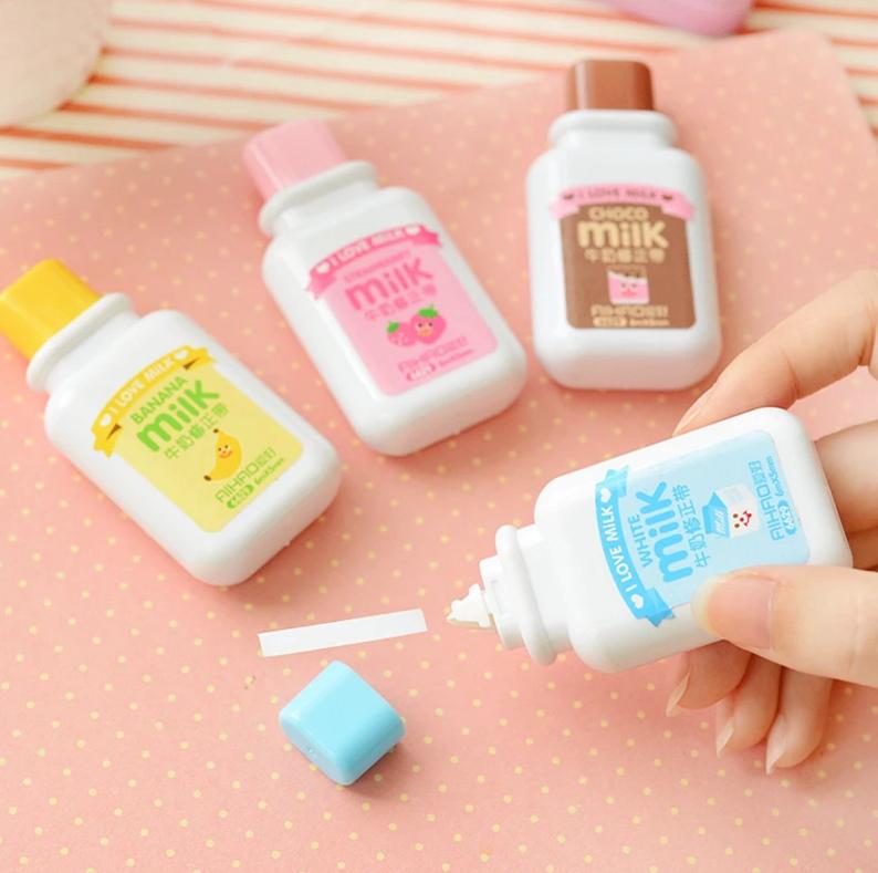 Milk Bottle Correction Tape Kawaii Stationery UK Coral Ink