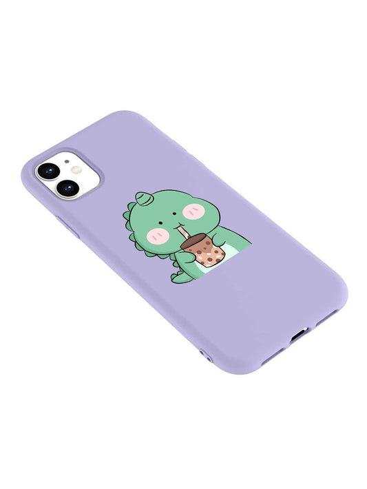 Coral and Ink's purple iPhone case is shown from a side angle. The case has a green dinosaur on it that is drinking Boba from a straw