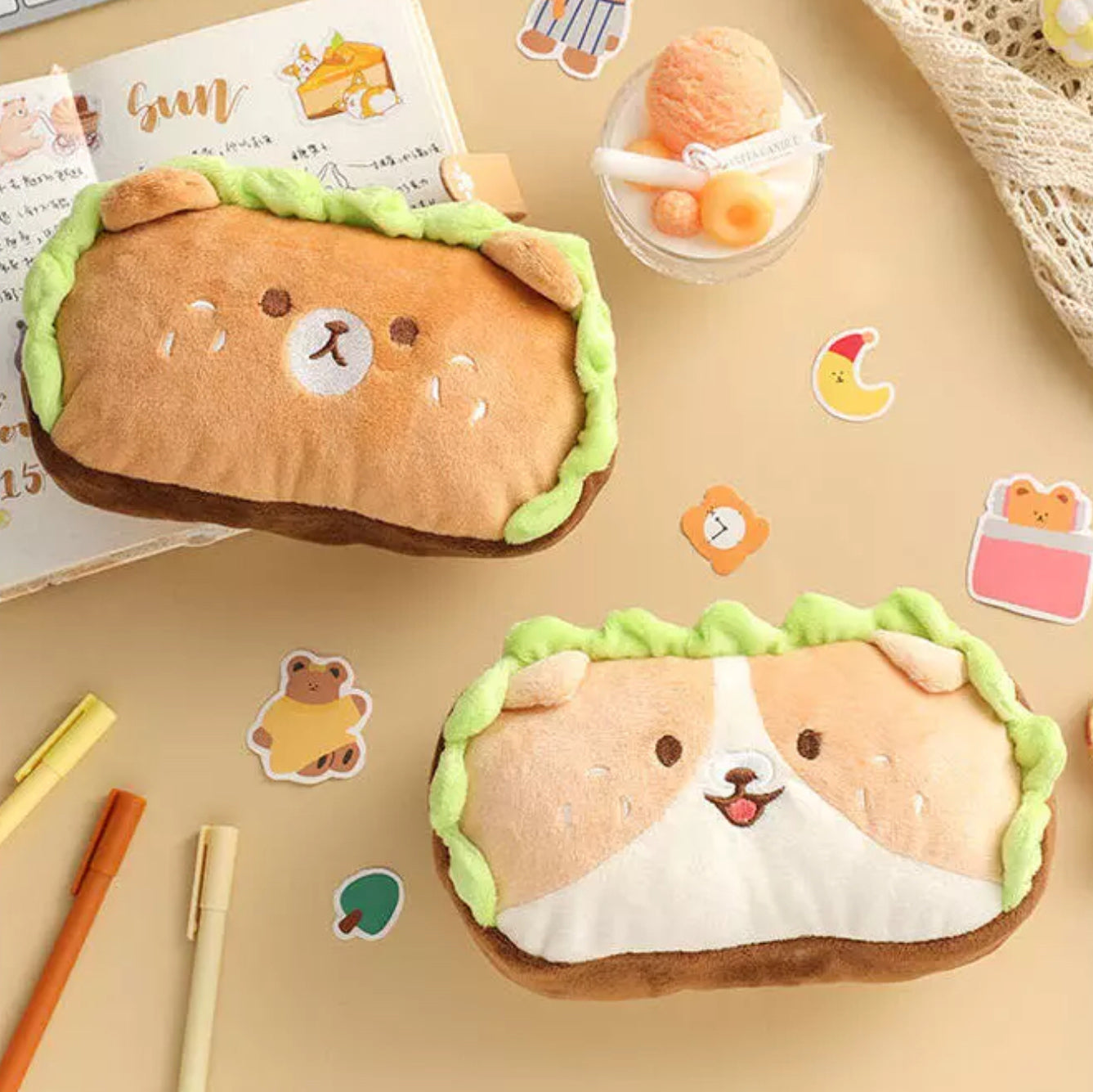 Kawaii Bear and Dog Plush Pencil Case