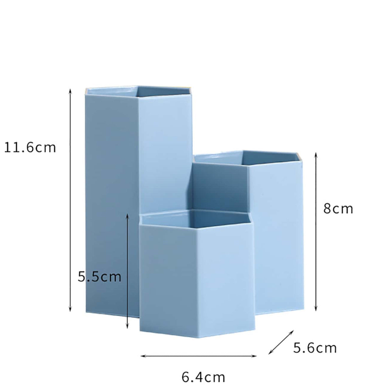 shows the dimensions of Coral and Ink's blue hexagon pen pot