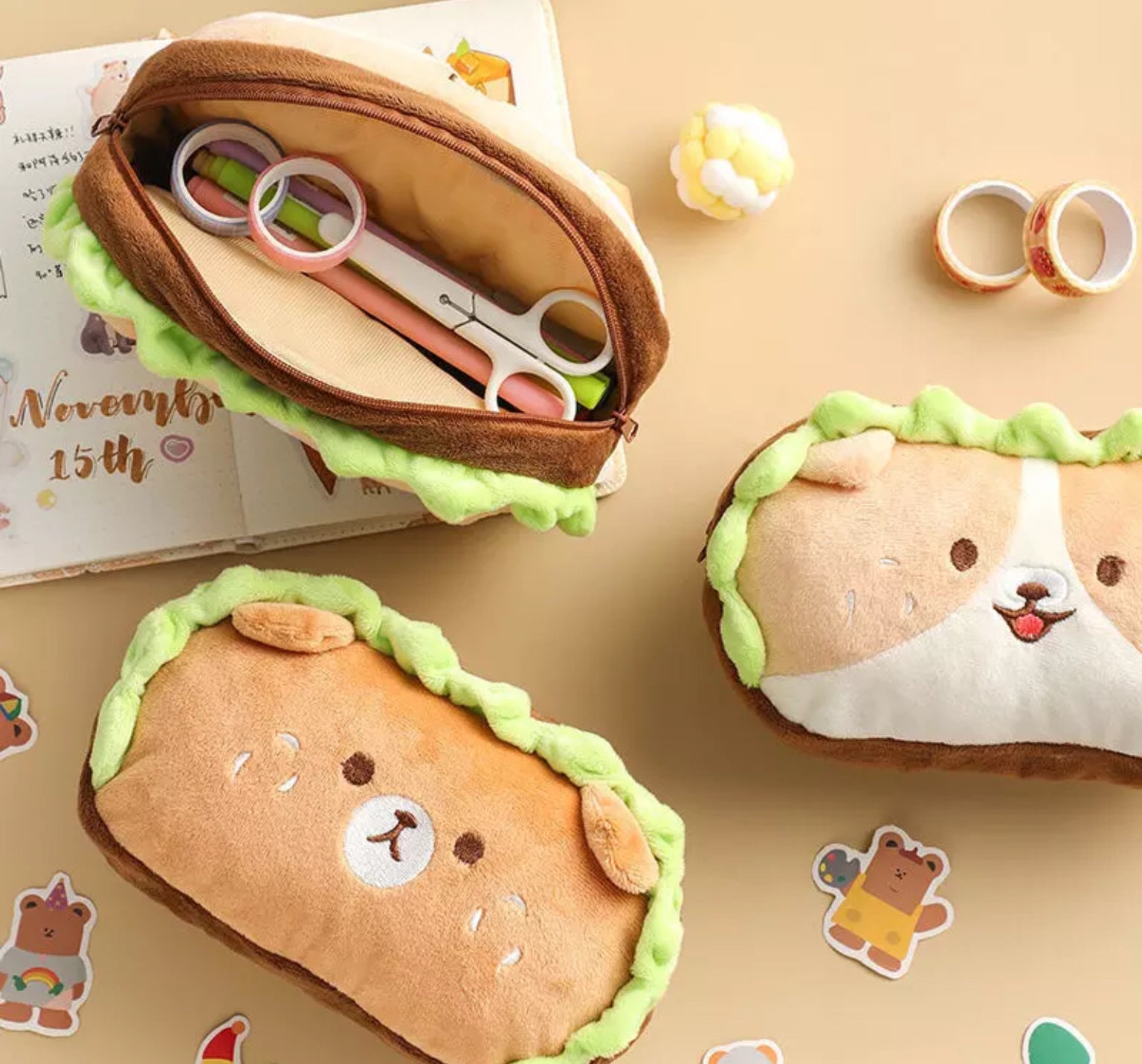 Kawaii Bear and Dog Plush Pencil Case